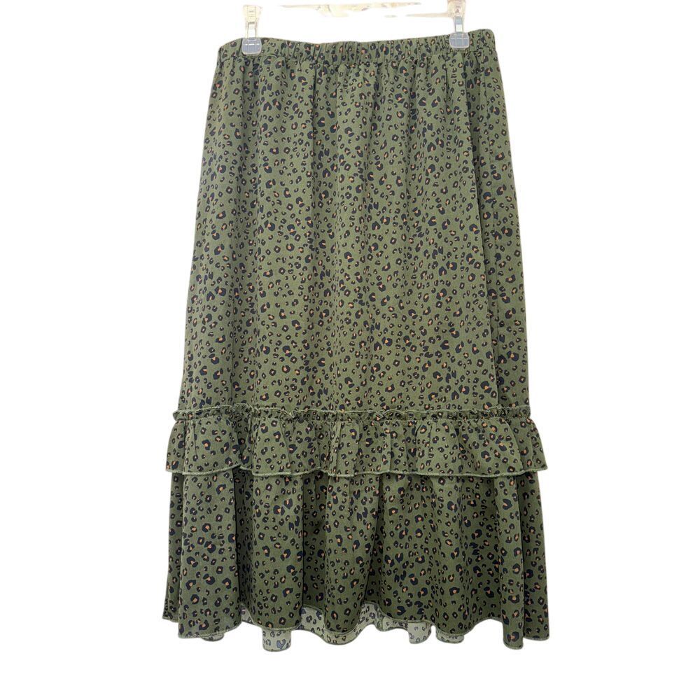 Luna Women L Tiered Midi Animal Print Green Boho Cottagecore Prairie Y2K